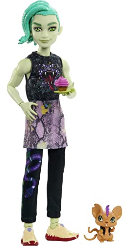 Monster High HHK56 - bewegliche Deuce Gorgon Puppe, Haustier und Zubehör, Schlangen-Jeansjacke, getönte Sonnenbrille, Kinderspielzeug, Geschenkset, Puppen Spiezeug ab 4 Jahren