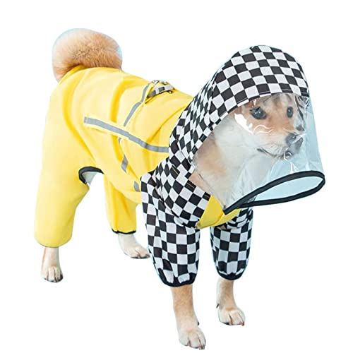 Hunde-Regenmantel, schwarz-weiß kariert, Farbblock, wasserdicht, reflektierend, sichere Streifen, wasserdichter Mantel mit Riemenschnalle, atmungsaktive Kapuzenjacke für mittelgroße und kleine Hunde