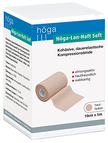 Höga Pharm Lan-Haft Soft kohäsive, hautfarben 10cm x 5m, dauerelastische Kompressionsbinde mit kurzen Zug, atmungsaktiv, hautfreundlich, webkantig, 1 Stück