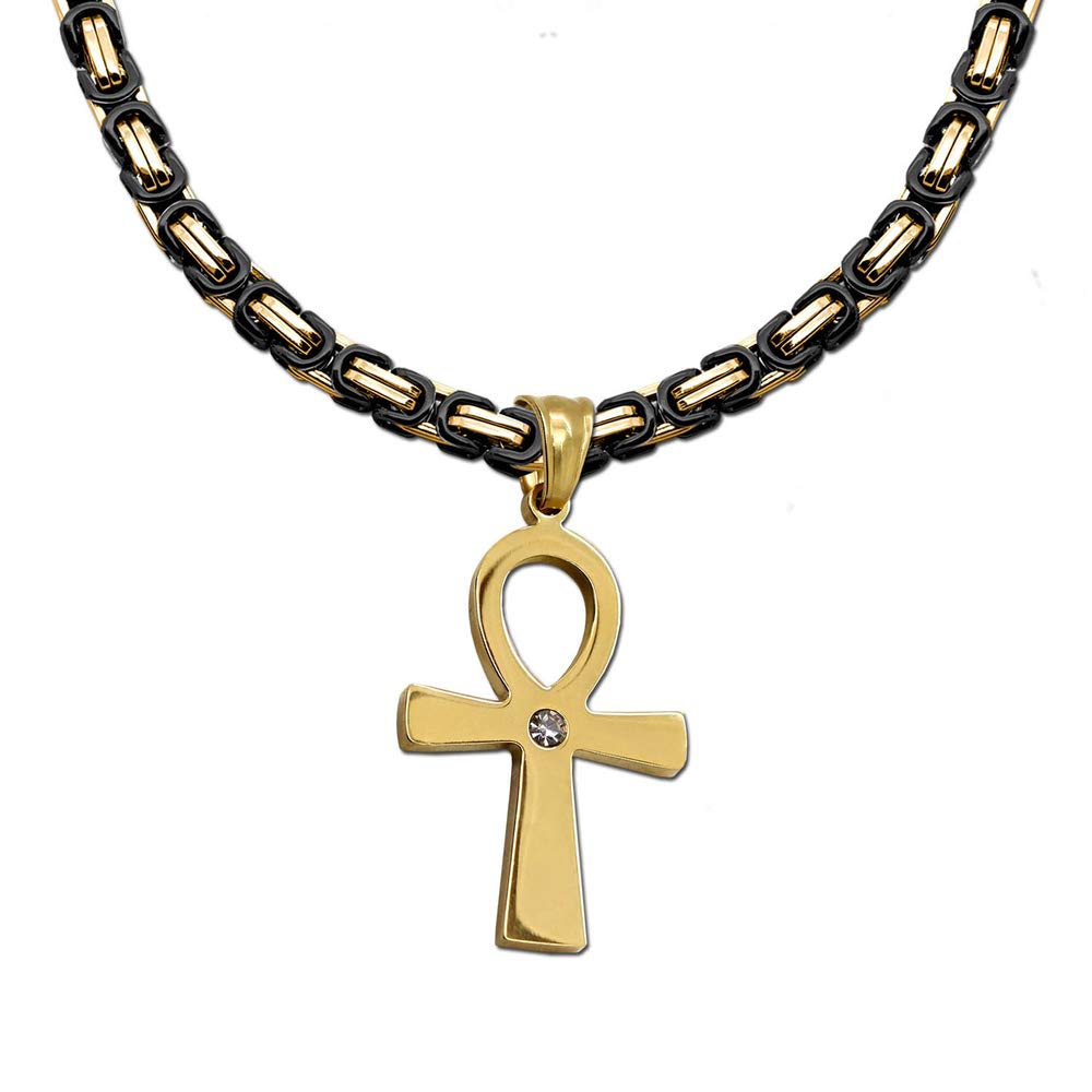 Tumundo 1 Königskette Ø 5mm + 1 Anch Ankh Kreuz Ketten-Anhänger Golden Silbern Schwarz Edelstahl-Kette Strass Damen, Farbe:Modell 9-50cm