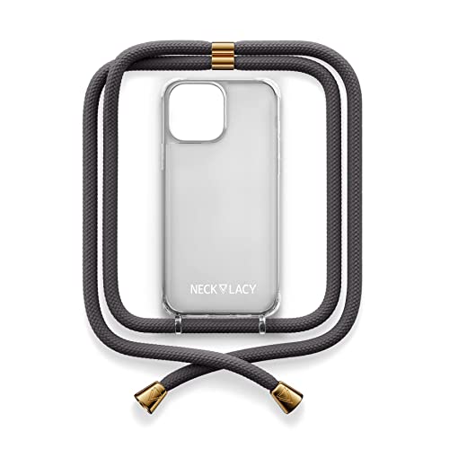 NECKLACY® - The Phone Necklace - Handykette für Apple iPhone 14 Pro in Stormy Grey | transparente Handyhülle mit hochwertiger Kordel zum Umhängen - Smartphone Crossbody Case