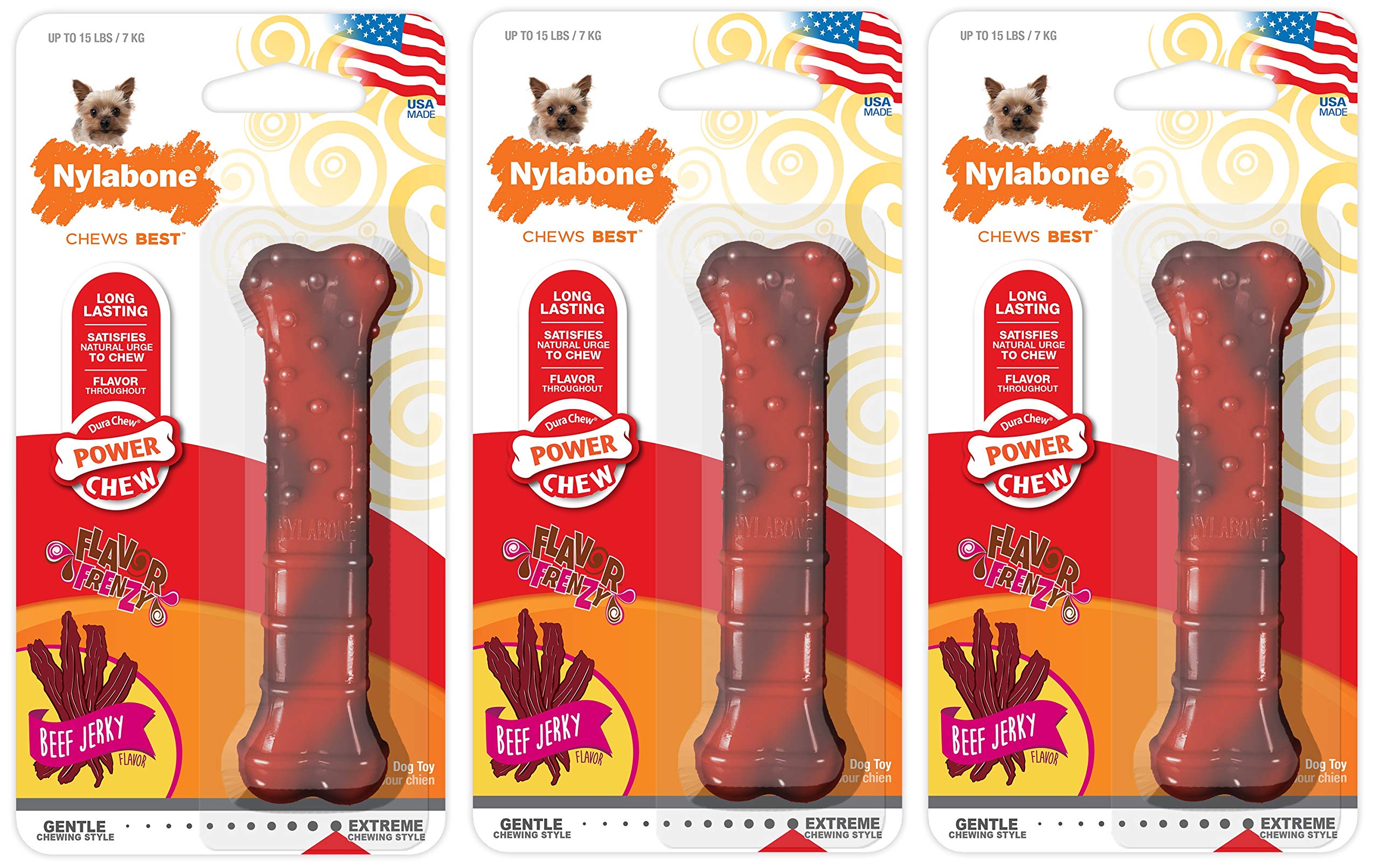Nylabone Power Chew Textured Beef Jerky Flavor Petite Bone for Dogs - 3 Pack