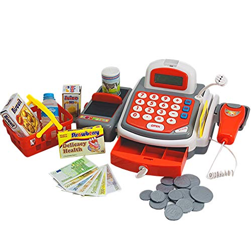 Spielkasse für Supermarkt - Kaufladenkasse Kaufmannsladen Scannerkasse Kasse Spielgeld und Zubehör - Kreditkartenzahlung und Mikrofon (Weiss-rot)…