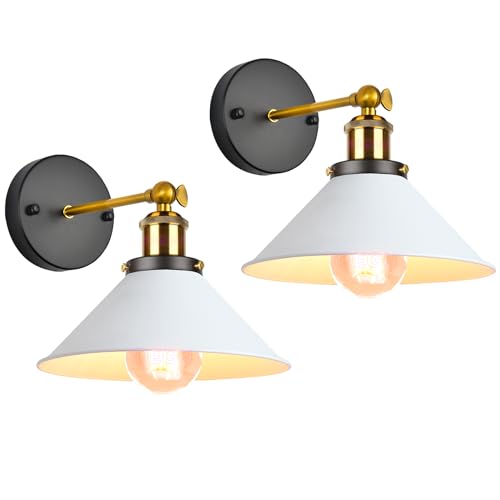 iDEGU 2 Stück Industriell Wandleuchte, E27 Vinatge Lampe im Edison-Stil Metall Lampenschirm 240° Verstellbare Wandlampe für Schlafzimmer Wohnzimmer Bar, 220 mm,Weiß