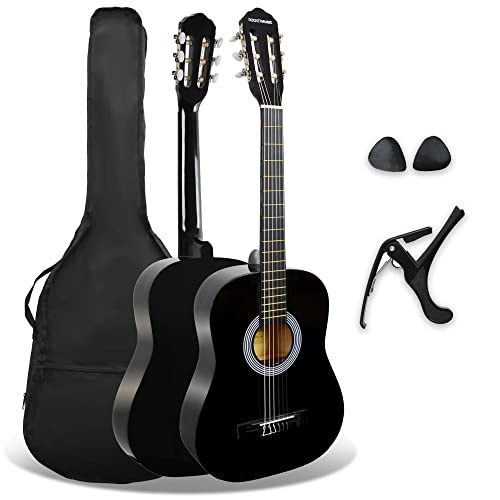 Rocket Konzertgitarre in 3/4 Größe in Schwarz, Nylonsaiten-Gitarre mit Tasche, Kapodaster und Plektren