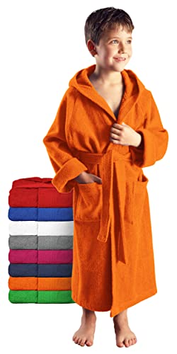 Arus Kinder-Bademantel mit Kapuze für Jungen und Mädchen, 100% Baumwolle Frottee, lang, Orange, 116