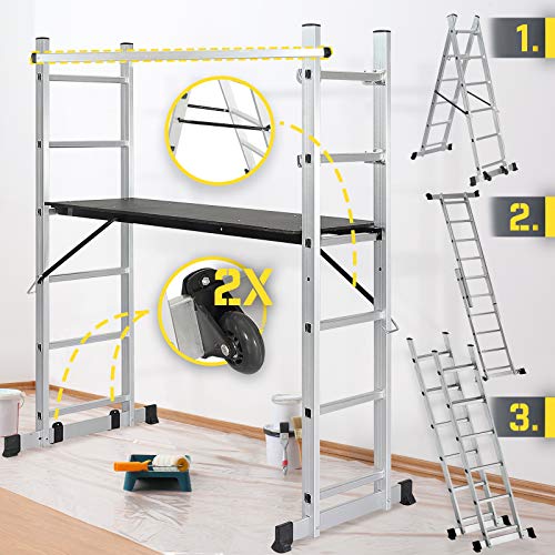 𝗝𝗮𝗴𝗼® Baugerüst - 4 in1 Arbeitshöhe max 280cm, bis 150kg Belastbar, Anti-Rutsch, mit Rollen - Alu Multifunktionsleiter, Leitergerüst, Arbeitsgerüst, Arbeitsbühne, Mehrzweckleiter, Arbeitsplattform