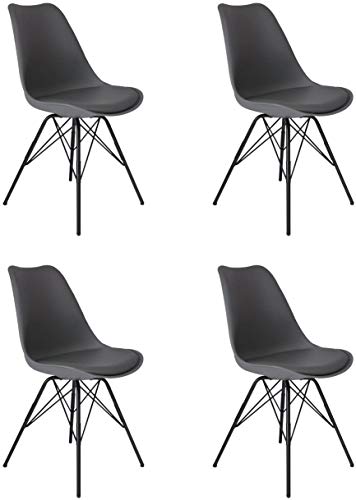 SAM 4er Set Schalenstuhl Lerche, grau, integriertes Kunstleder-Sitzkissen, Schwarze Metallfüße, Esszimmerstuhl im skandinavischen Stil