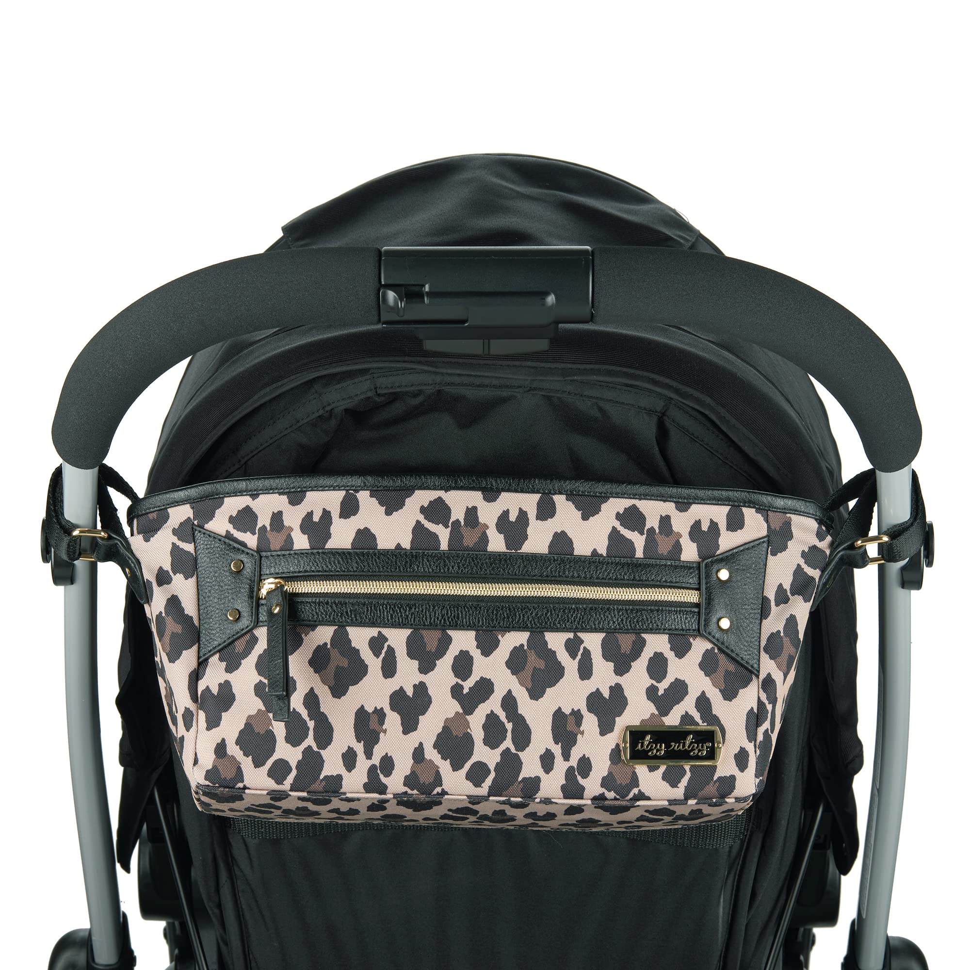 Itzy Ritzy Verstellbarer Kinderwagen-Organizer mit zwei integrierten Taschen, Fronttasche mit Reißverschluss und verstellbaren Riemen, passend für fast jeden Kinderwagen, Leopardenmuster (CAD8387)
