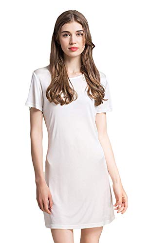 UK_Stone Damen Seide Nachthemd Unifarbe Kurze Ärmel Nachtkleid Weiß