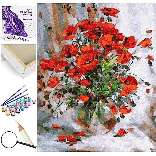 Artnapi Malen nach Zahlen Erwachsene mit Rahmen | DIY Handgemalt | Blumen - Rote Mohnblumen | Kit für Anfänger und Erwachsene | Set inklusive Acrylfarben & Pinsel | 40x50cm Leinwand