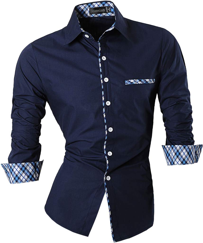 jeansian Herren Freizeit Hemden Shirt Tops Mode Langarmlig Men's Casual Dress Slim Fit Z020_DarkBlue_XL