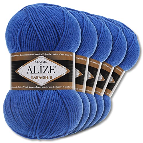 Alize 5 x 100 g Lanagold Wolle | 53 Auswahl | Stricken Häkeln Wolle (141 | Königsblau)