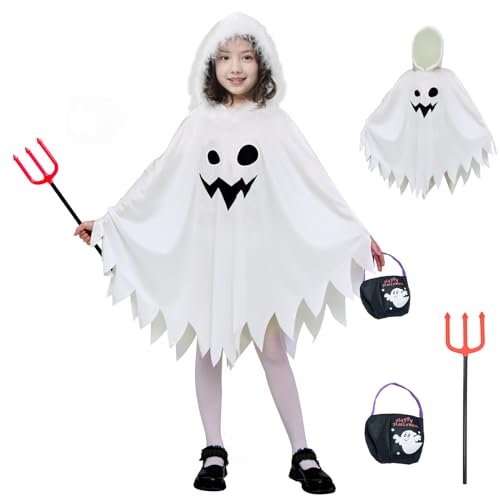 NA# Halloween-Kostüm Geisterumhang für Kinder Kostüm Spooky Trick-Gold Treat mit Kürbistasche weiß 7-9 Jahre
