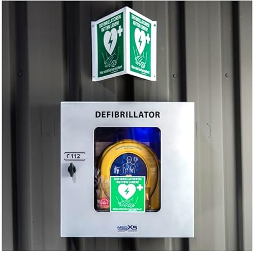 MedX5 PAD500P 8 Jahre Garantie, halbautomatischer Laien Reanimations-Defibrillator mit Anleitung und Kontrolle zur Herzdruckmassage + Außen-Metallwandkasten mit Alarm, Belüftung, Heizung & Beleuchtung