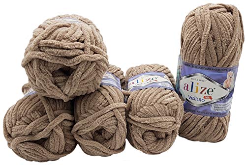 Alize Velluto 5 x 100 Gramm Strickwolle, Babywolle, 500 Gramm Wolle Super soft Bulky (beige 530)