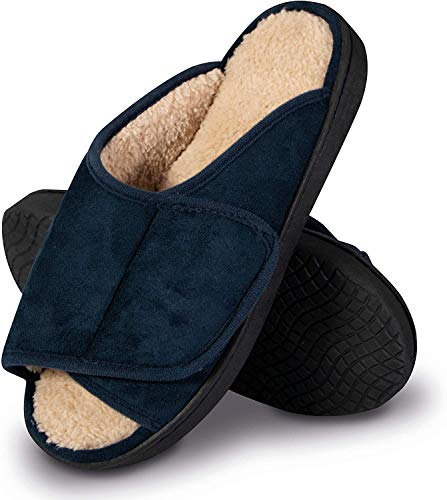 SHD Hausschuhe für Damen & Herren, rutschfeste Pantoffeln, warm und bequem, Klett-Hausschuhe mit leichtem Einstieg, Memory Foam, Unisex blau (46/47, Offen)