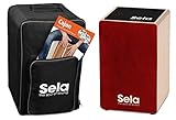 Sela SE 184 DE Primera Cajon Red Einsteiger Bundle mit Sela Snare System, aufgebaut, Rucksack, Sitzpad, Schule, CD, DVD