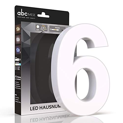 abcMIX LED Hausnummer, personalisierbare beleuchtete Hausnummer, Hausnummernleuchte mit LED - Hausnummer 6, Farbe WEIß