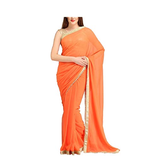 ABN FashionIndische ethnische Hochzeit Faux Georgette Frauen Partywear Sari mit ungenähter Bluse - Orange - Einheitsgröße