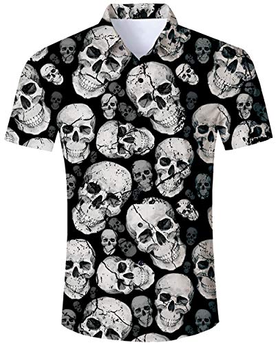 Goodstoworld Totenkopf Hemd Hawaii Hemd Männer 3D Skull Gedruckt Kurzarm Hawaiihem Herren Hallowee Hemden Sommer Strandurlaub Aloha Retro Kostüme Karneval Shirt M