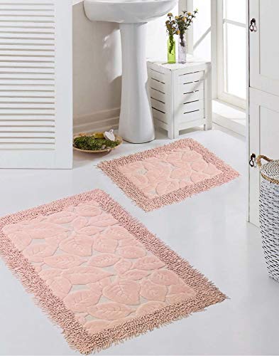 Teppich-Traum Badezimmerteppich Set 2 teilig Blätterdesign rutschfest & waschbar rosafarben Größe 50x60cm + 60x100 cm