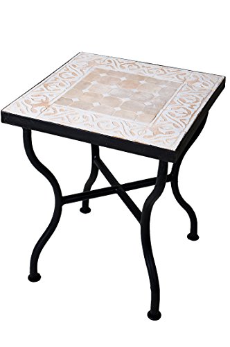 ORIGINAL Marokkanischer Mosaiktisch Gartentisch 40x40cm Groß eckig | Eckiger Mosaik Esstisch Mediterran | als Tisch für Balkon oder Garten | FES Natur Weiß 40x40cm
