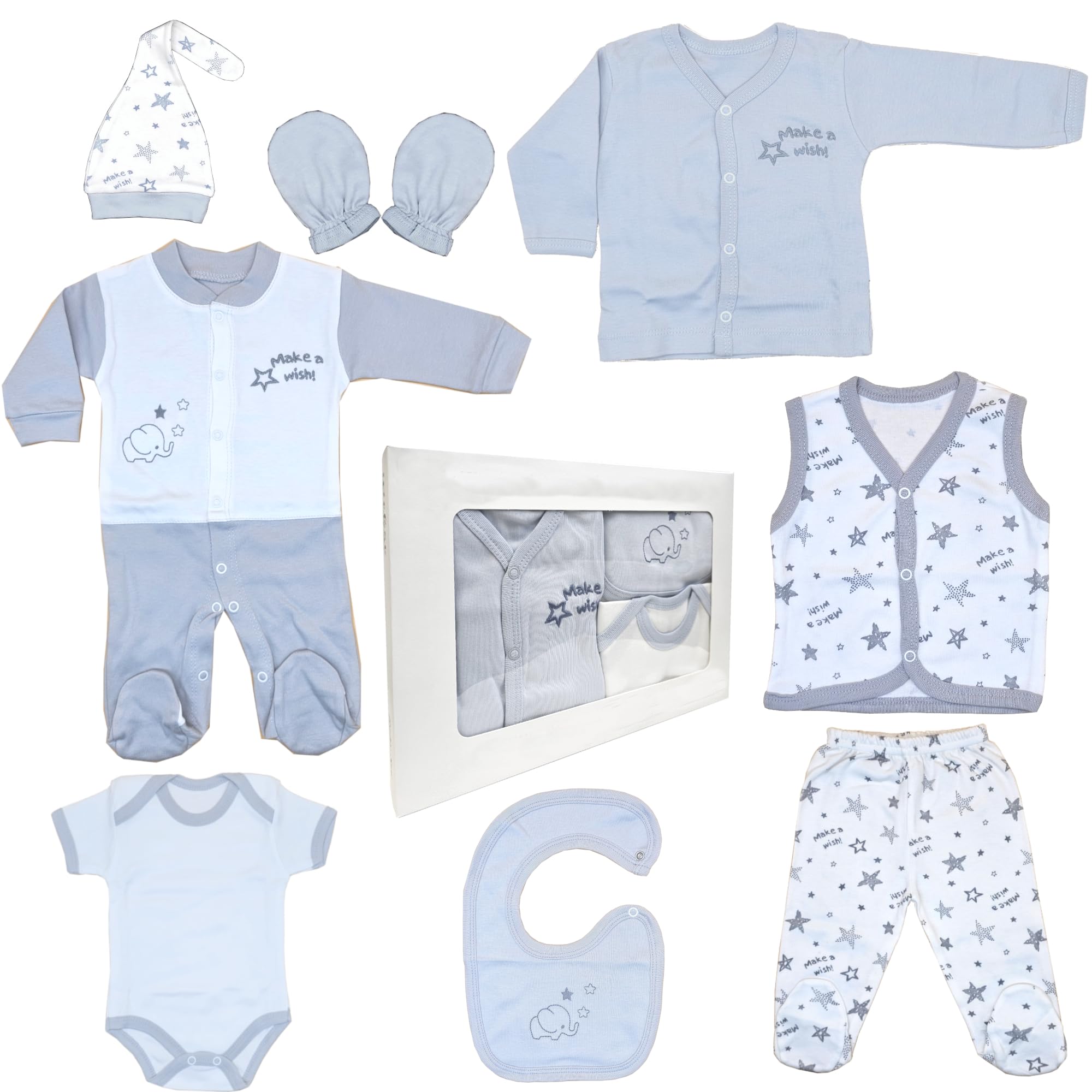 Blue Eyes Neugeborenen Baby Geschenk Set 100% natürliche Baumwolle Erstausstattung Ausstattung Unisex Kleidung Geschenkset Babyausstattung für Babys 0-4 Monate 8 teilig (Stern-Grau)