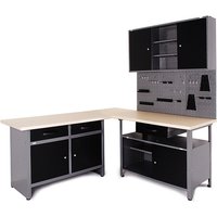 Ondis24 Werkstatt Ecklösung Basic One, 180 cm breit, Holzarbeitsplatte, 2x Werkbank, 1x Werkzeugschrank, Metall, abschließbar, 3x Werkzeugwand - Lochwand+Haken Set (Arbeitshöhe 85 cm)