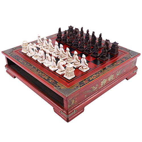 Plumflex Schach Holz Chinesisches Schach Terrakotta Retro Krieger im Holz Carving Harz Chessman Geburtstag Weihnachten Premium