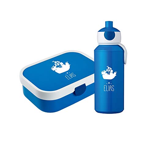 4you Design Set ✶Brotdose & Trinkflasche Schiff Silhouette mit Namen✶ Mepal Campus + Bento Box & Gabel ✶Schulkind ✶Snack ✶6 Farben (Blau)