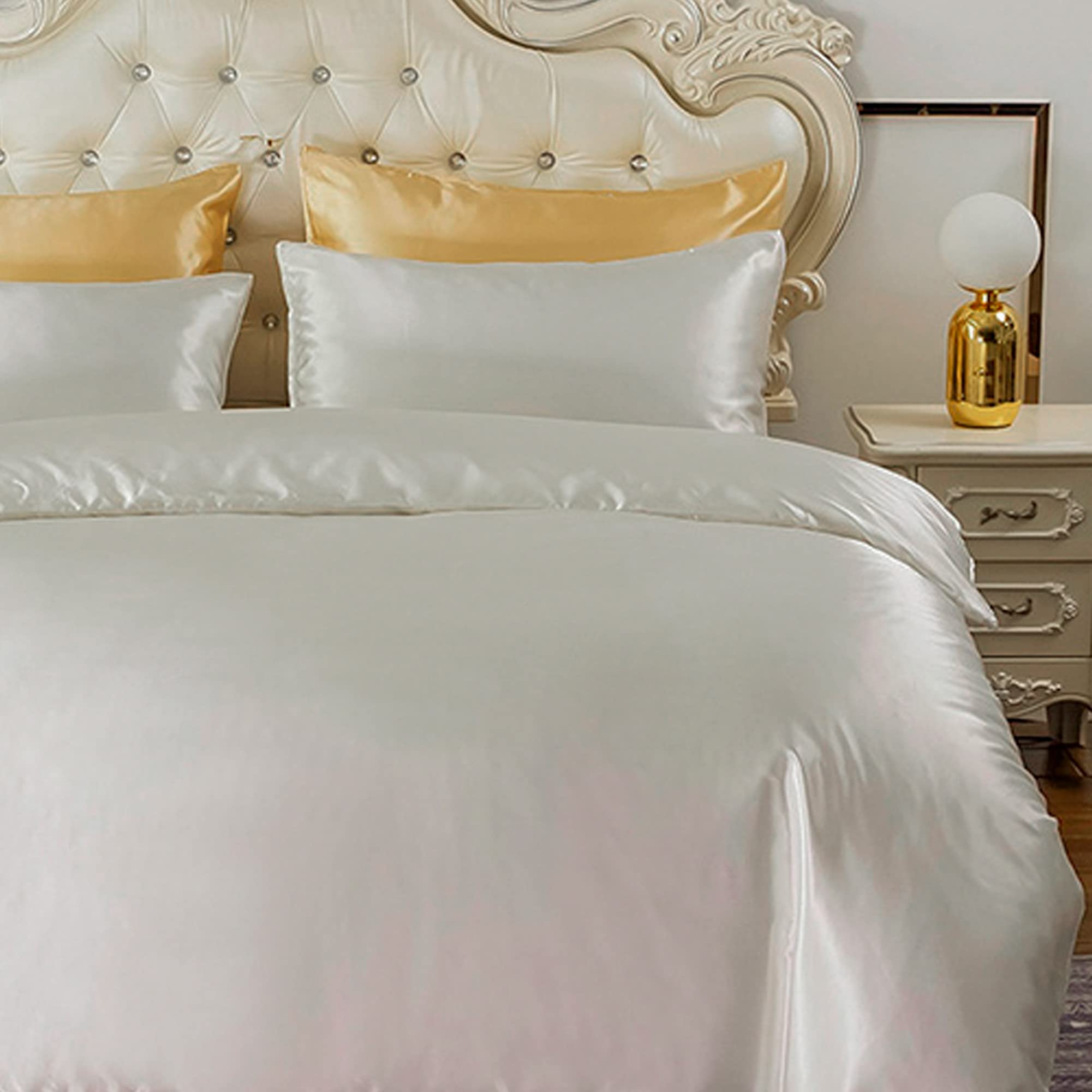 HYSENM Satin Bettwäsche 135 x 200 cm Seide Luxus Bettbezug Set Microfaser Bettbezug+ 1 Kissenhülle 50 x 70 cm einfarbig glatt bequem elegant, Weiß