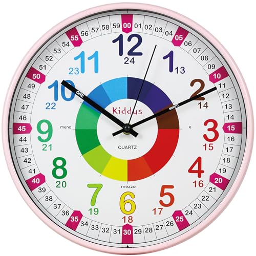 Kiddus Wanduhr für Kinder. Analoger Zeitlehrer mit Zeitlernübungen. Stilles Uhr. Viele Sprachen. Italian XL Rosa