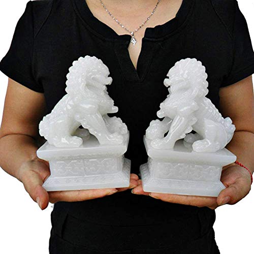 QMZDXH Feng Shui Löwe Statue Dekofigur Reichtum Prosperity Paar Fu FOO Hunde Skulptur Weiße Jade Ornamenter, Bestes Einweihungs Geschenk Dekoration