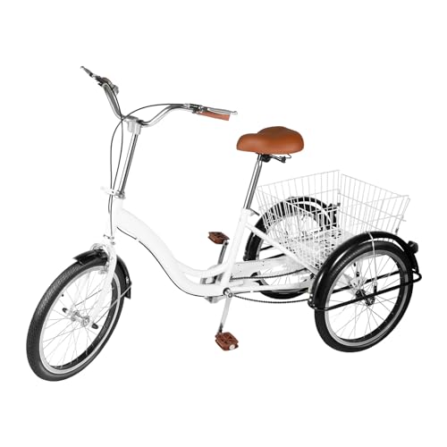 Ciounmb Dreirad für Erwachsene, 20 Zoll Fahrrad, mit Hinterkorb, Verstellbarer Lenker und Sattel, Duales Bremssystem für senioren Fahrräder Verstellbare Senioren Trike Cruise Einkaufsrad (Weiß)