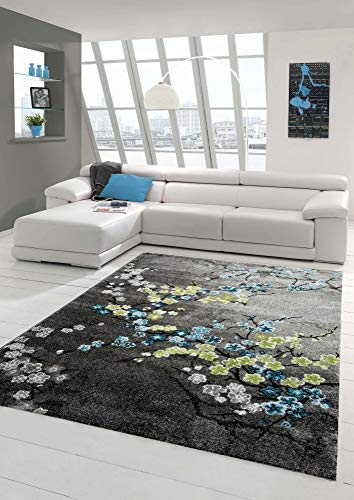 Designer Teppich Moderner Teppich Wohnzimmer Teppich Blumenmotiv Grau Türkis Grün Weiss Größe 120x170 cm