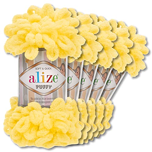 Alize 5 x 100 g Puffy Wolle Chenille Schlaufenwolle Häkeln und Stricken ohne Hilfsmittel Kleidung Accesoire Decken Teppiche (216 | Gelb)