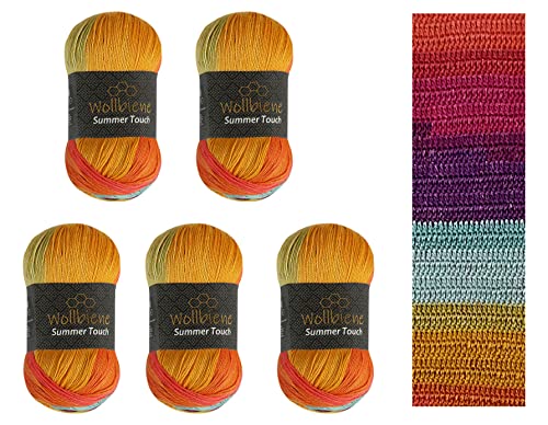 Wollbiene Summer Touch Batik 5 x 100 Gramm Wolle Mehrfarbig mit Farbverlauf, 500 Gramm merzerisierte Strickwolle Microfiber-Acryl (513 petrol terrakota braun)