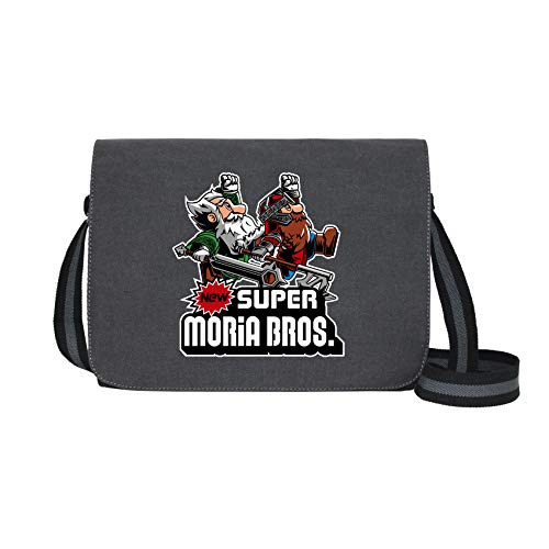 Super Moria Bros. - Umhängetasche Messenger Bag für Geeks und Nerds mit 5 Fächern - 15.6 Zoll, Schwarz Anthrazit