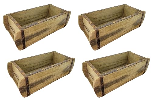 MC-Trend 4er SET Unikat Ziegelform Holzbox mit Metallbeschlägen in Braun aus Altholz 32cm rustikale Aufbewahrungsbox Holzkiste Used Look Retro Landhausstil Handarbeit Antik für zu Hause (4 Stück)