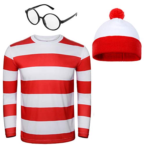 NUWIND Herren Rot-weiß gestreiftes T-Shirt Kit mit Brille & Bommelmütze Walter Kostüm Halloween Cosplay Party Outfit für Erwachsene (XL)