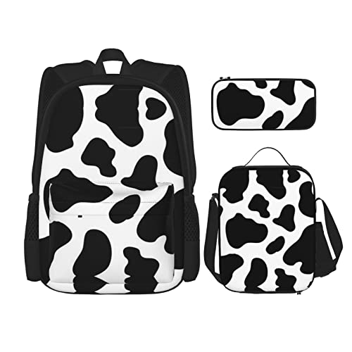 Lawenp Kuhflecken-Schultaschen-Set aus DREI Kreuz-Lunch-Beutel-Bleistift-Beutel-Set Jungen- und Mädchen-Schultasche