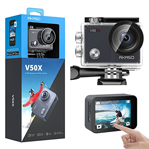AKASO Action cam /Unterwasserkamera 4K Wifi 40M EIS Anti-Shake Action Kamera 4X Zoom mit Touchscreen, Fernbedienung, Sportkamera wasserdicht Gehäuse ,Helmzubehör-Kit V50X