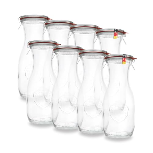 WECK 8er Set 1L Leere Glasflasche inkl. Verschluss und Dichtung - Zum selbst befüllen von Milchflaschen, Saftflaschen, Smoothie Flaschen