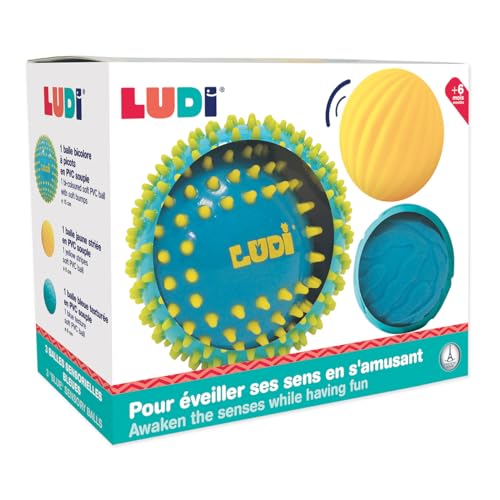LUDI - Set mit 3 sensorischen Bällen in blau und gelb – verschiedene Erlebnisbälle – 1 großer Massageball + 2 kleine Bälle – 15 und 8 cm – weicher Kunststoff – ab 6 Monaten