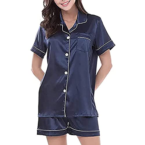 Ladieshow Damen-Pyjama-Set, Satin-Seide, Nachtw?sche, lang/kurz?rmelig, Button-Down, einfarbig, Silber, Small