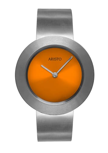 Aristo Titan Damenuhr Quarz-Armbanduhr - Silberfarbenes Titan Spangenarmband und orangem Ziffernblatt mit Front aus Mineralglas - Made in Germany