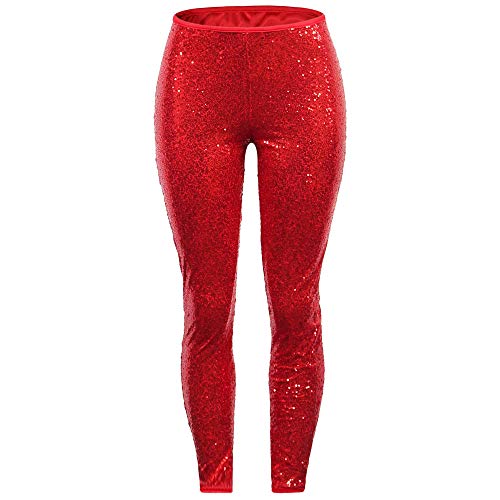 Lazzboy Frauen plus Größe glänzende Pailletten-dünne Gamaschen-Hosen-Damen-reizvolle Clubwear-Hose(3XL,Rot)