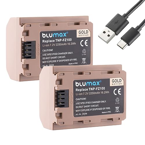 2X Blumax Gold Akku kompatibel mit Sony NP-FZ100 (2250mAh) mit USB Typ-C Ladebuchse - NTC-Sensor & V1-Gehäuse - kompatibel mit Alpha A1 / ILCE 6600 / 7C 7R3, 7MK3 7III 7R IV/Alpha 9 II A9S A9R
