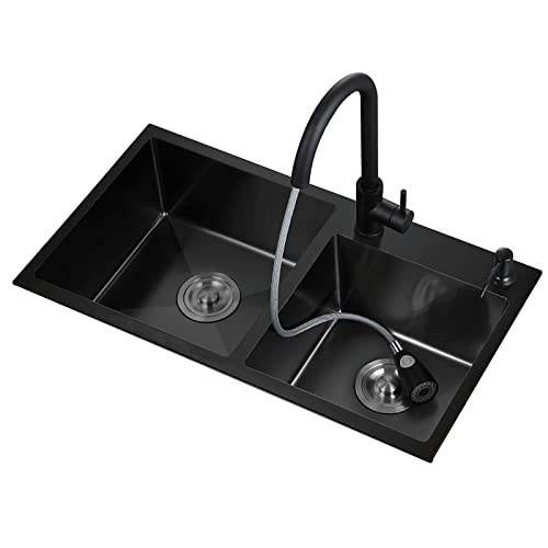 Küchenspüle, schwarze Nano-304-Edelstahlspüle, Spülmaschinenspüle, Doppelspüle, Spüle mit herausziehbarem Wasserhahn